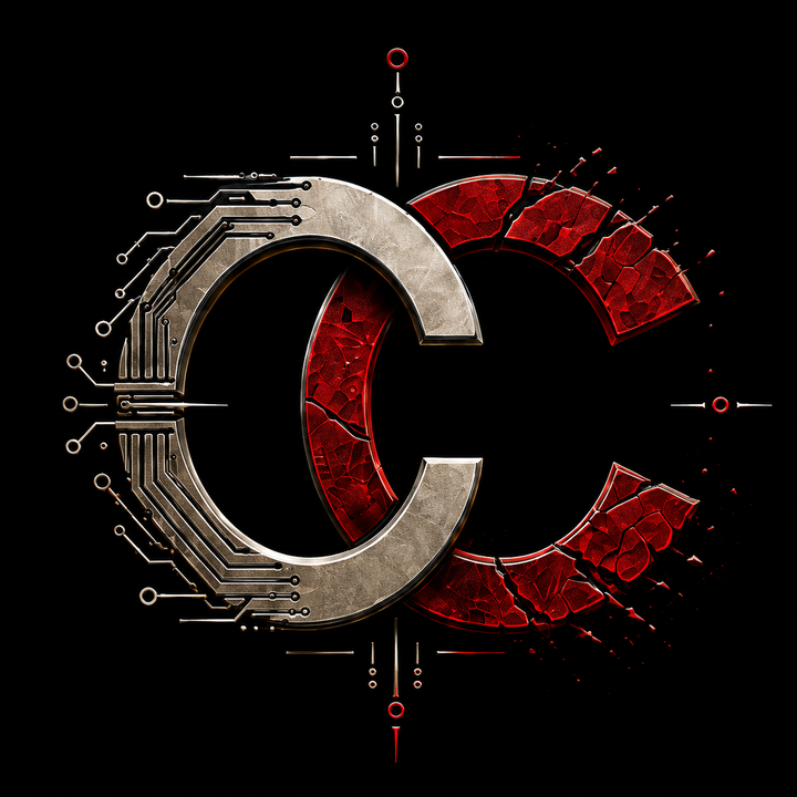 Code & Chaos emblem — silver circuitry and fractured crimson
